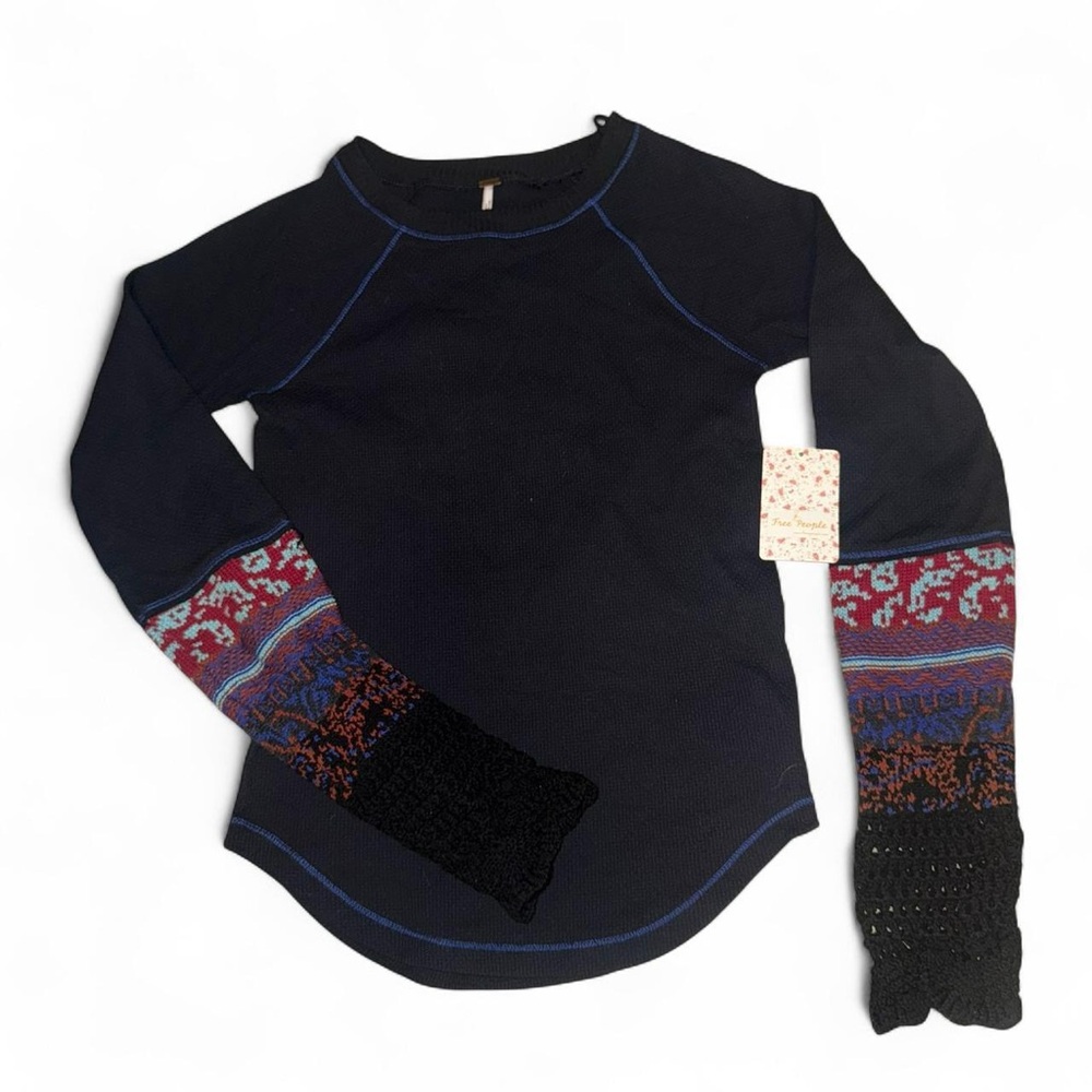 Free people black thermal top with embroidered sleeves nwt